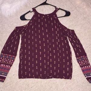 long sleeve cut out shoulder shirt